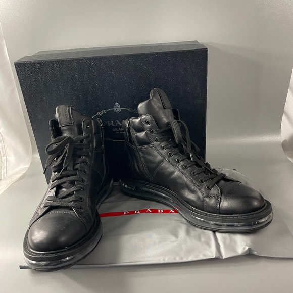 Authentic Prada Black Leather High Top Sneakers, Men's Size 9 (US 10) - Picture 2 of 15